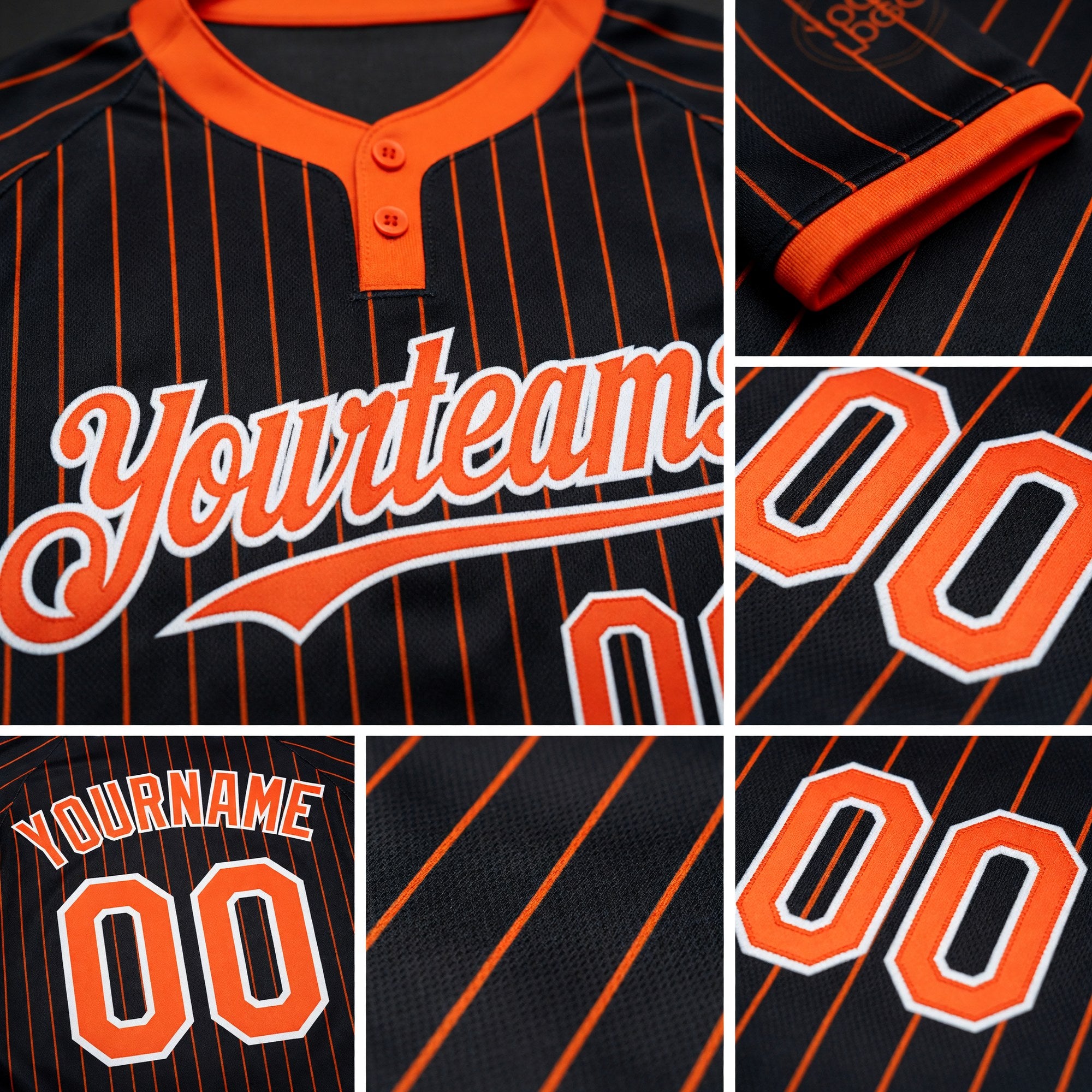 Custom Black Orange Pinstripe White Two-Button Unisex Softball Jersey detail