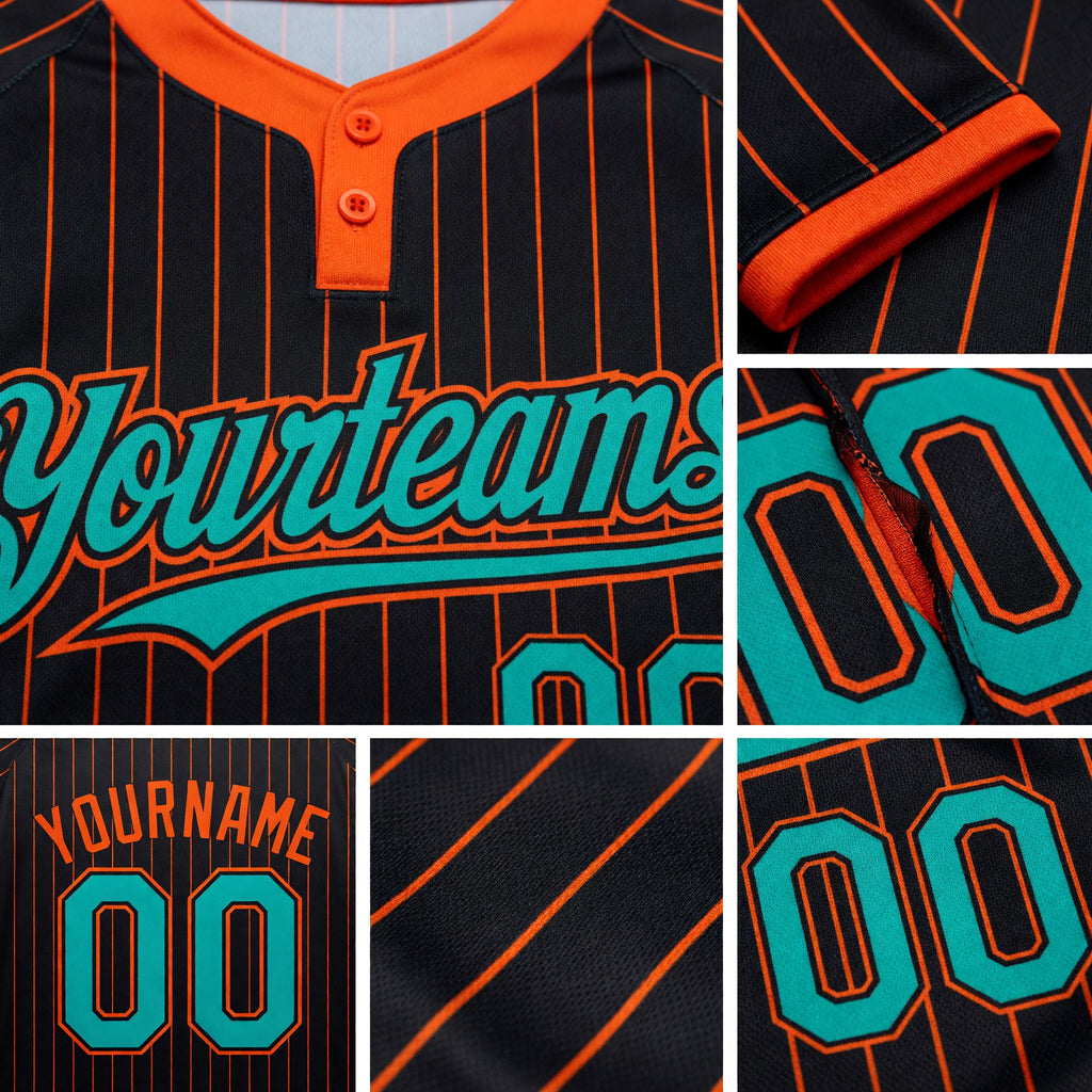 Custom Black Orange Pinstripe Aqua Two-Button Unisex Softball Jersey detail
