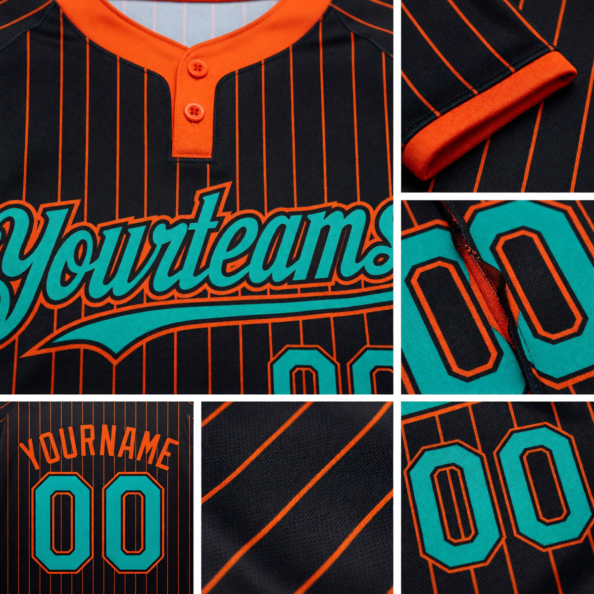 Custom Black Orange Pinstripe Aqua Two-Button Unisex Softball Jersey detail