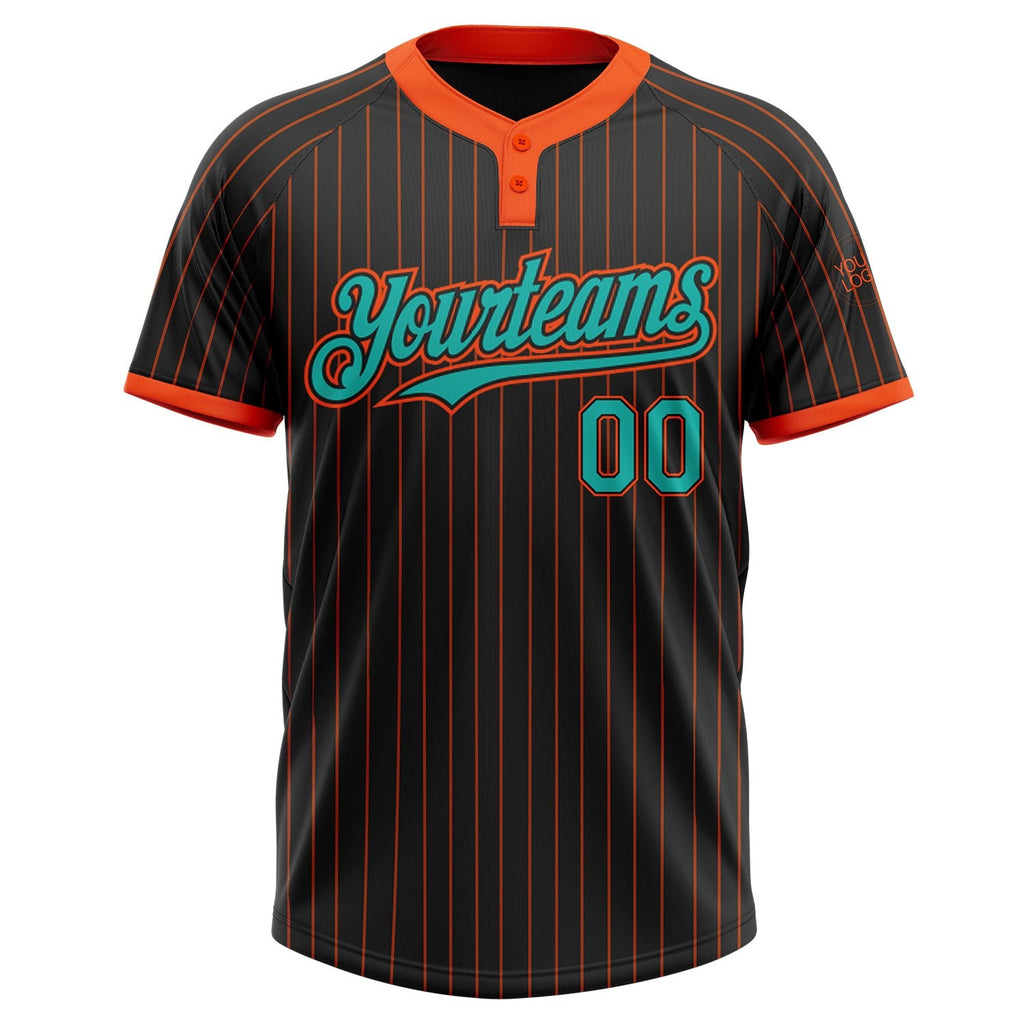 Custom Black Orange Pinstripe Aqua Two-Button Unisex Softball Jersey photo 2