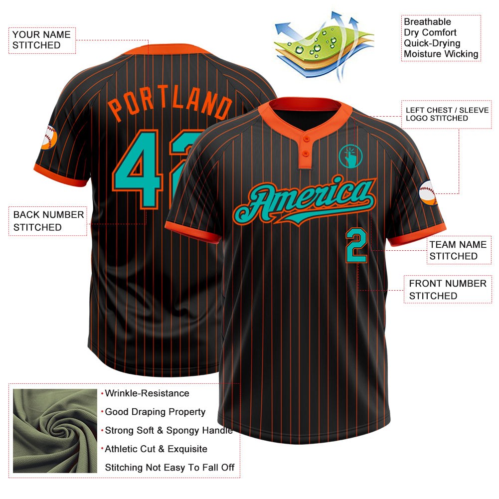 Custom Black Orange Pinstripe Aqua Two-Button Unisex Softball Jersey photo 3