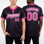 Custom Black Pink Pinstripe White Two-Button Unisex Softball Jersey worn front and back
