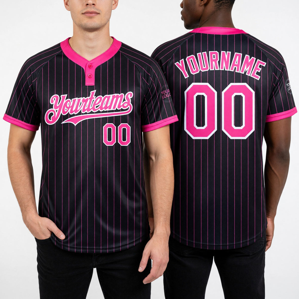 Custom Black Pink Pinstripe White Two-Button Unisex Softball Jersey worn front and back
