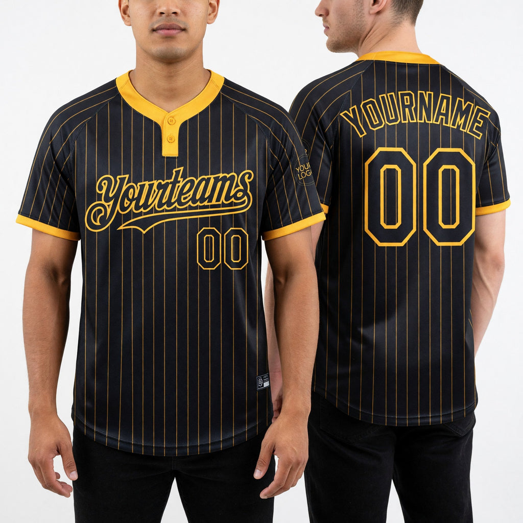 Custom Black Gold Pinstripe Gold Two-Button Unisex Softball Jersey worn front and back