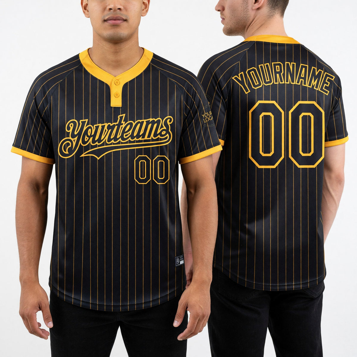 Custom Black Gold Pinstripe Gold Two-Button Unisex Softball Jersey worn front and back