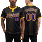 Custom Black Gold Pinstripe Purple Two-Button Unisex Softball Jersey worn front and back