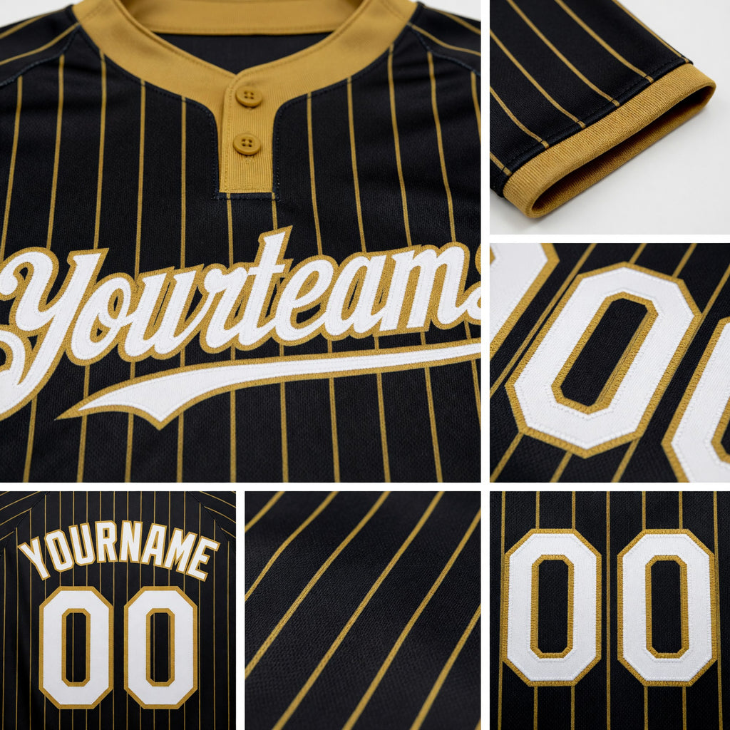 Custom Black Old Gold Pinstripe White Two-Button Unisex Softball Jersey detail