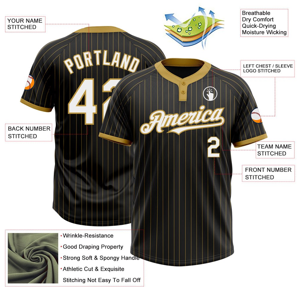 Custom Black Old Gold Pinstripe White Two-Button Unisex Softball Jersey photo 3
