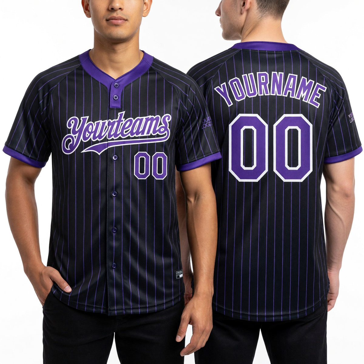 Custom Black Purple Pinstripe White Two-Button Unisex Softball Jersey worn front and back