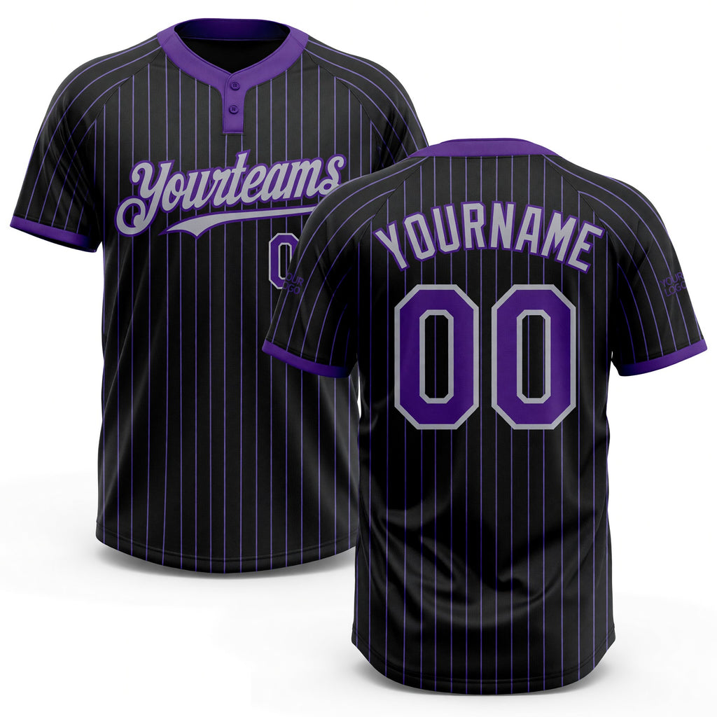 Custom Black Purple Pinstripe Gray Two-Button Unisex Softball Jersey