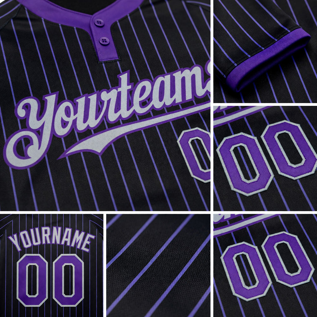 Custom Black Purple Pinstripe Gray Two-Button Unisex Softball Jersey detail
