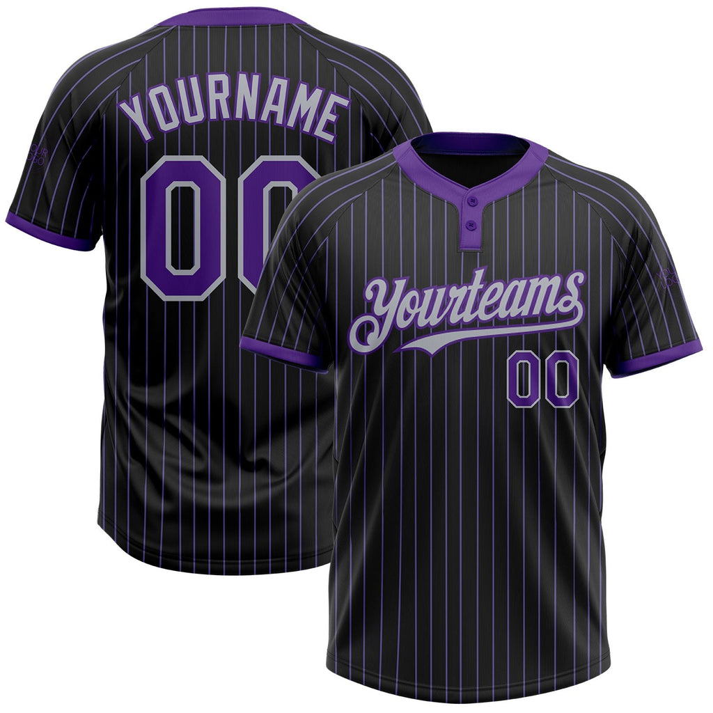 Custom Black Purple Pinstripe Gray Two-Button Unisex Softball Jersey photo 1