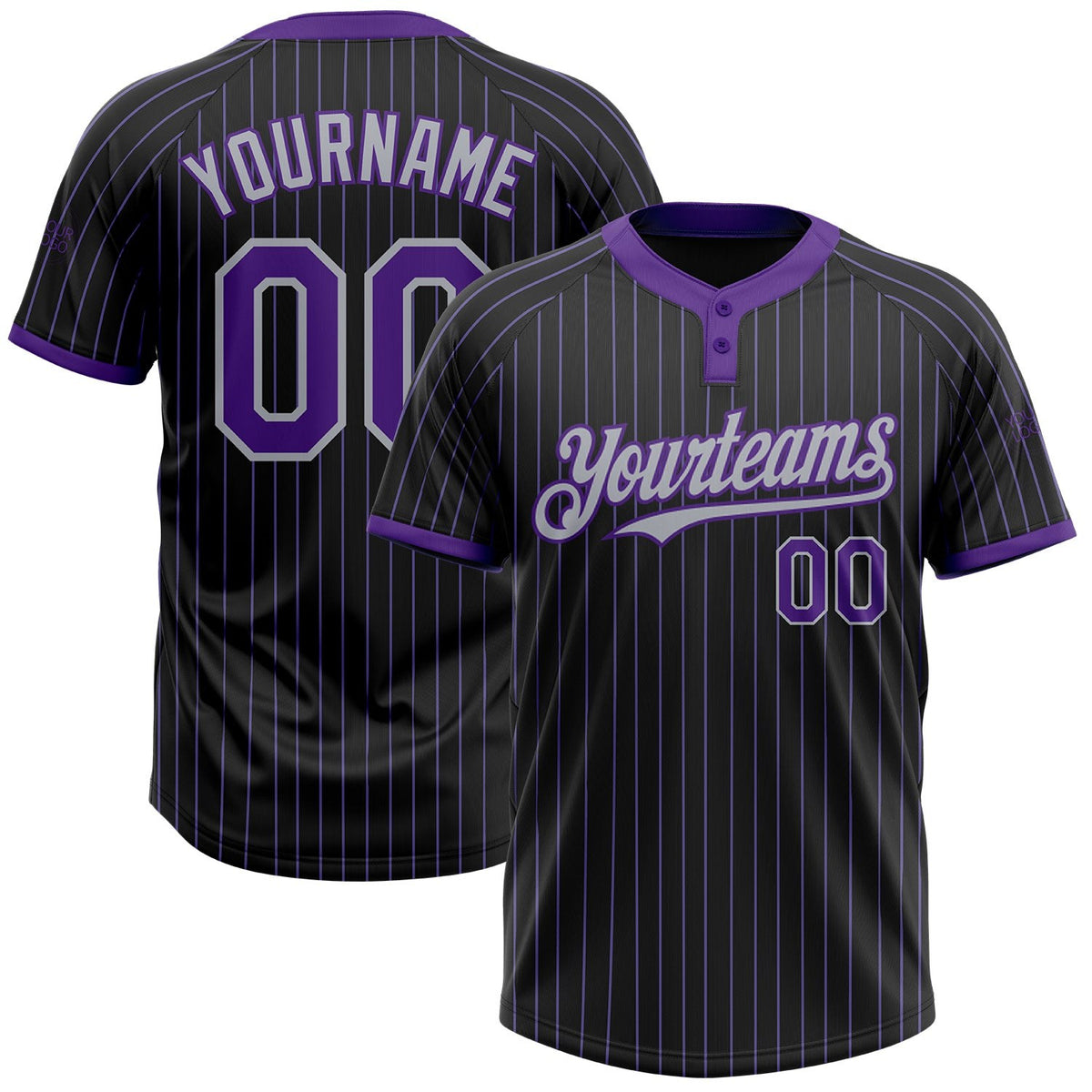 Custom Black Purple Pinstripe Gray Two-Button Unisex Softball Jersey photo 1