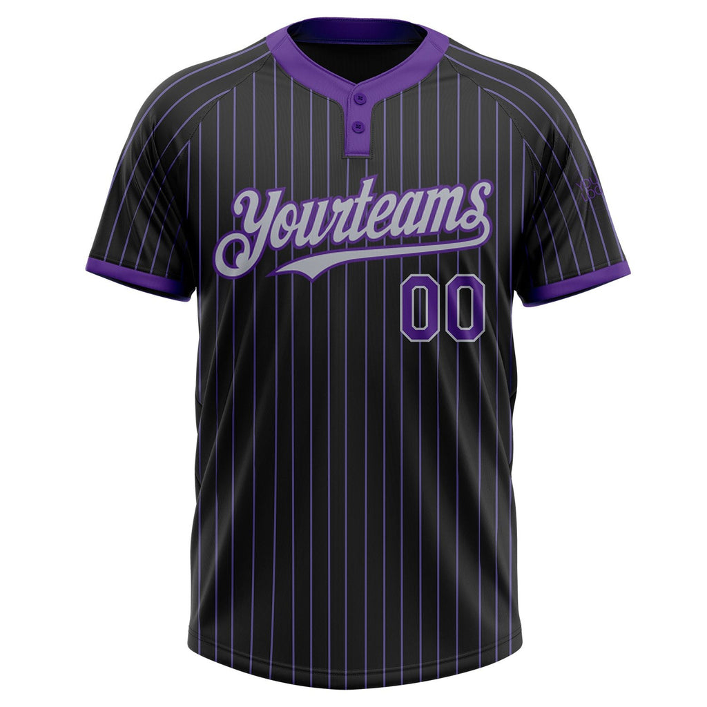 Custom Black Purple Pinstripe Gray Two-Button Unisex Softball Jersey photo 2
