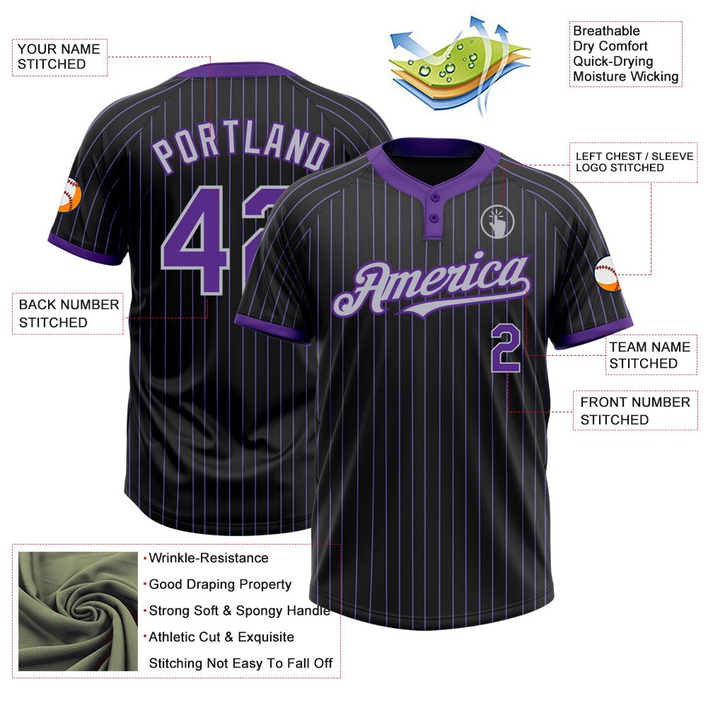 Custom Black Purple Pinstripe Gray Two-Button Unisex Softball Jersey photo 3