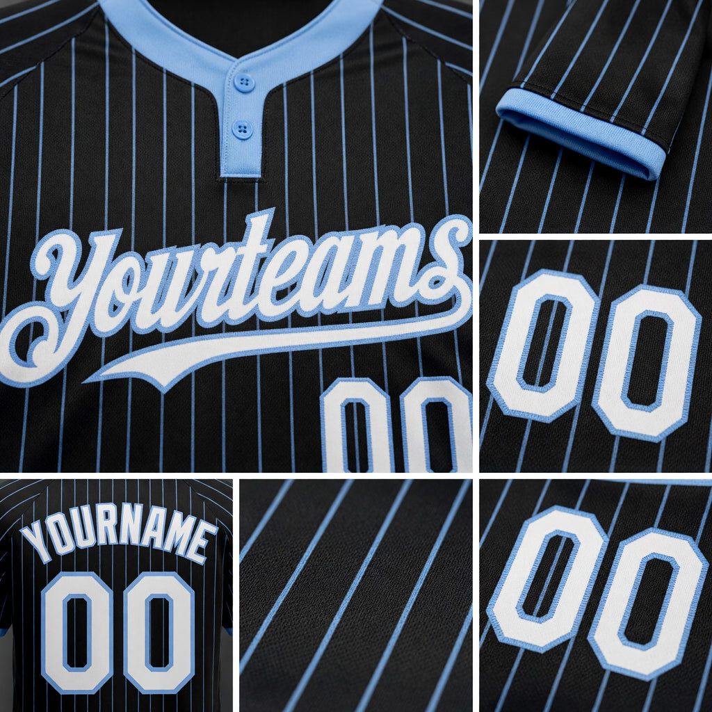 Custom Black Light Blue Pinstripe White Two-Button Unisex Softball Jersey detail