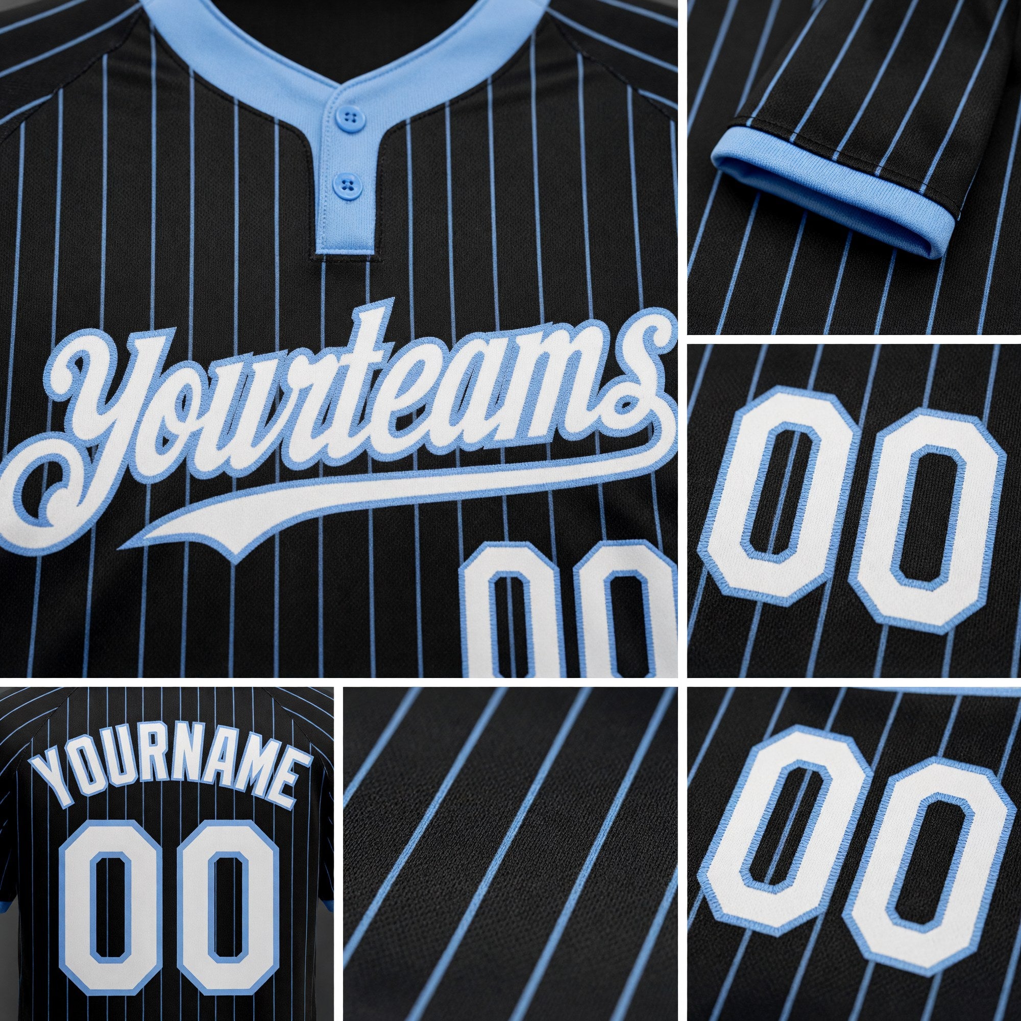 Custom Black Light Blue Pinstripe White Two-Button Unisex Softball Jersey detail