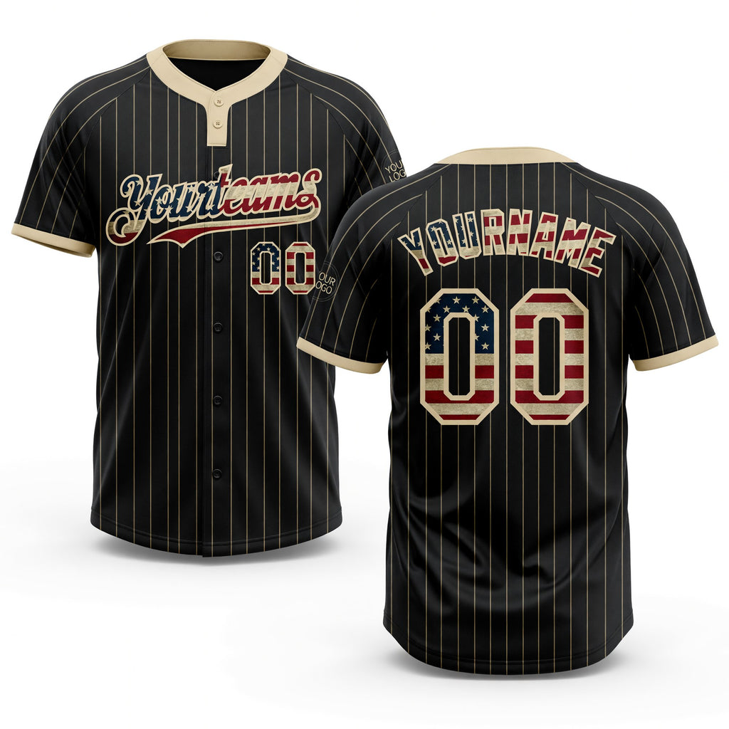 Custom Black Cream Pinstripe Vintage USA Flag Two-Button Unisex Softball Jersey