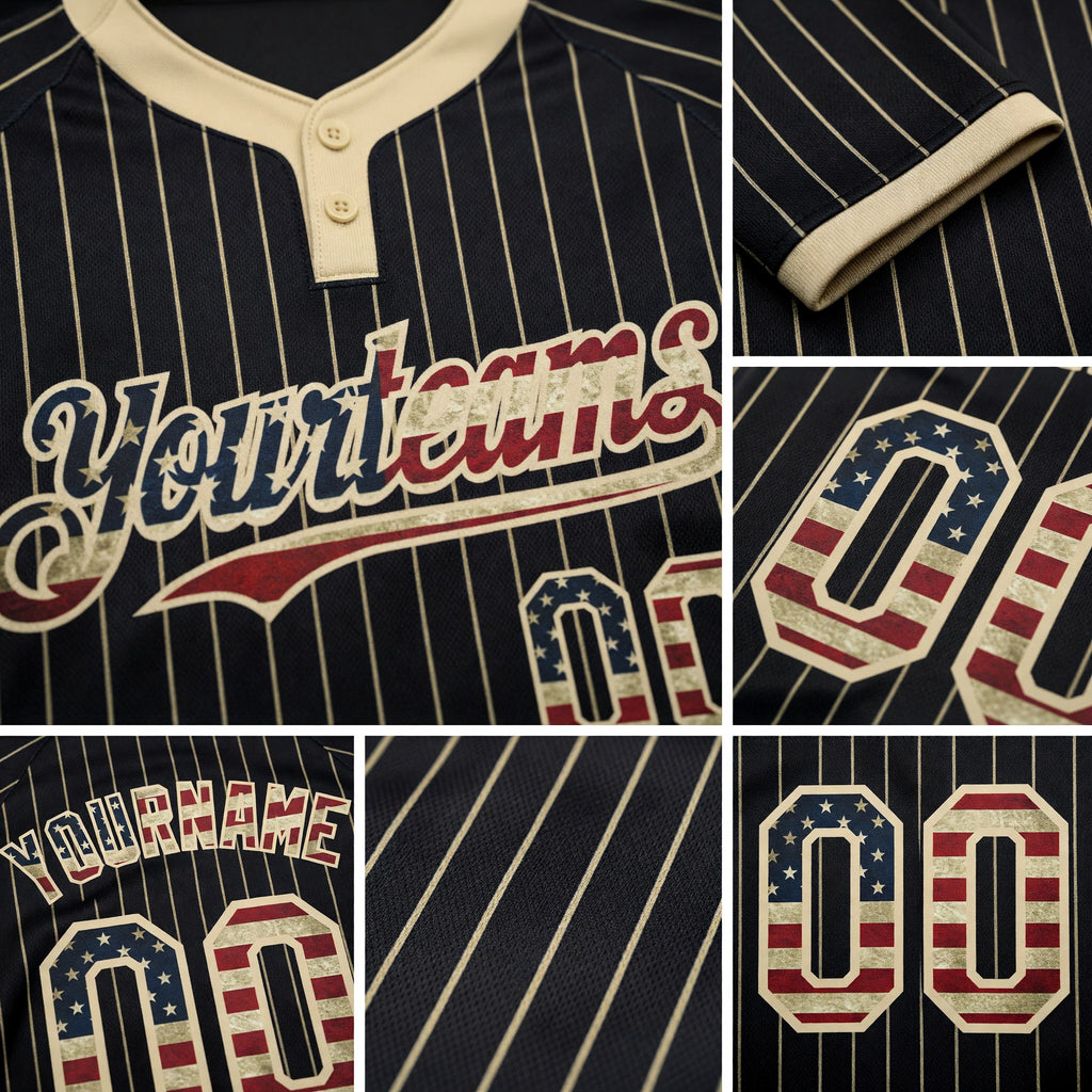 Custom Black Cream Pinstripe Vintage USA Flag Two-Button Unisex Softball Jersey detail