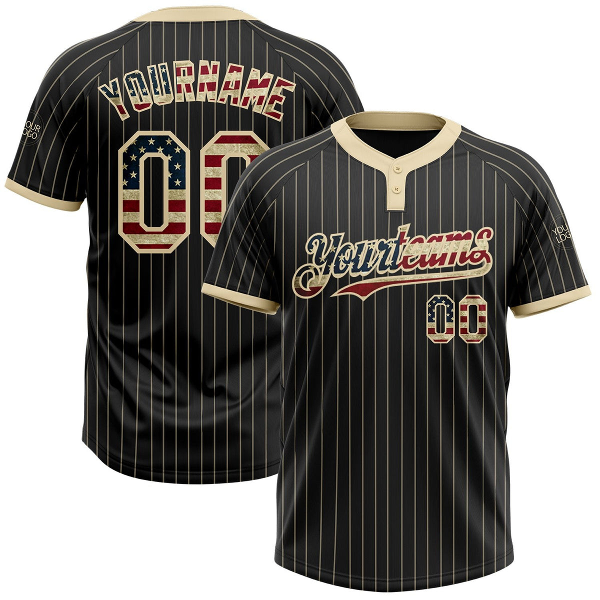 Custom Black Cream Pinstripe Vintage USA Flag Two-Button Unisex Softball Jersey photo 1
