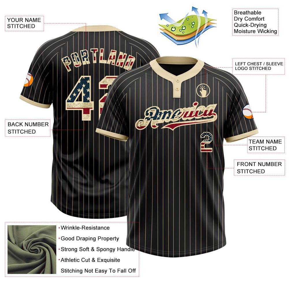Custom Black Cream Pinstripe Vintage USA Flag Two-Button Unisex Softball Jersey photo 3