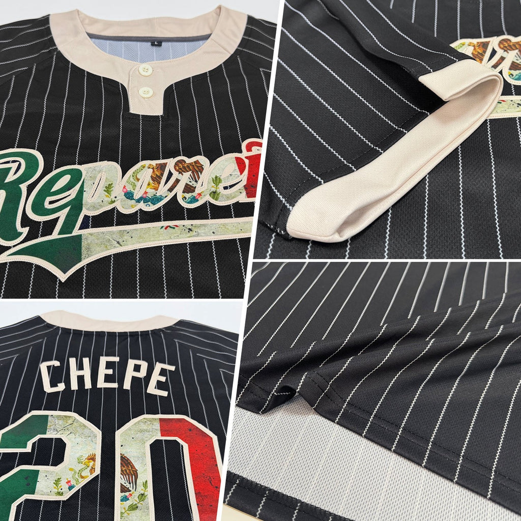 Custom Black Cream Pinstripe Vintage Mexican Flag Two-Button Unisex Softball Jersey photo 2