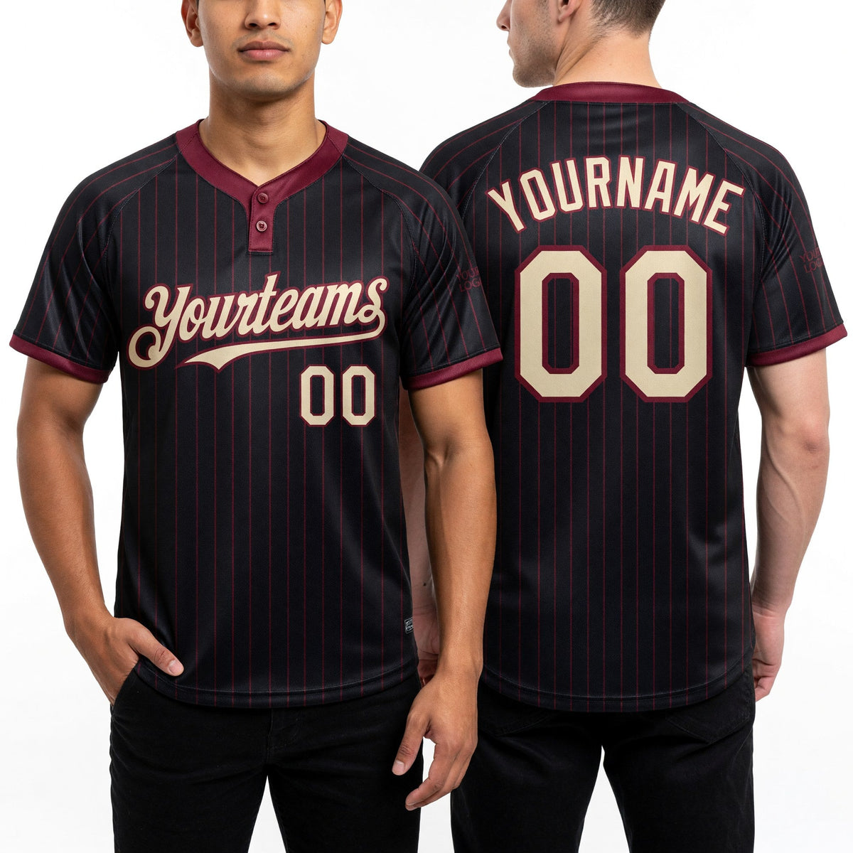 Custom Black Crimson Pinstripe Cream Two-Button Unisex Softball Jersey worn front and back