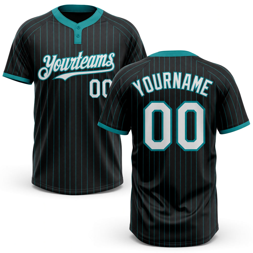 Custom Black Teal Pinstripe White Two-Button Unisex Softball Jersey