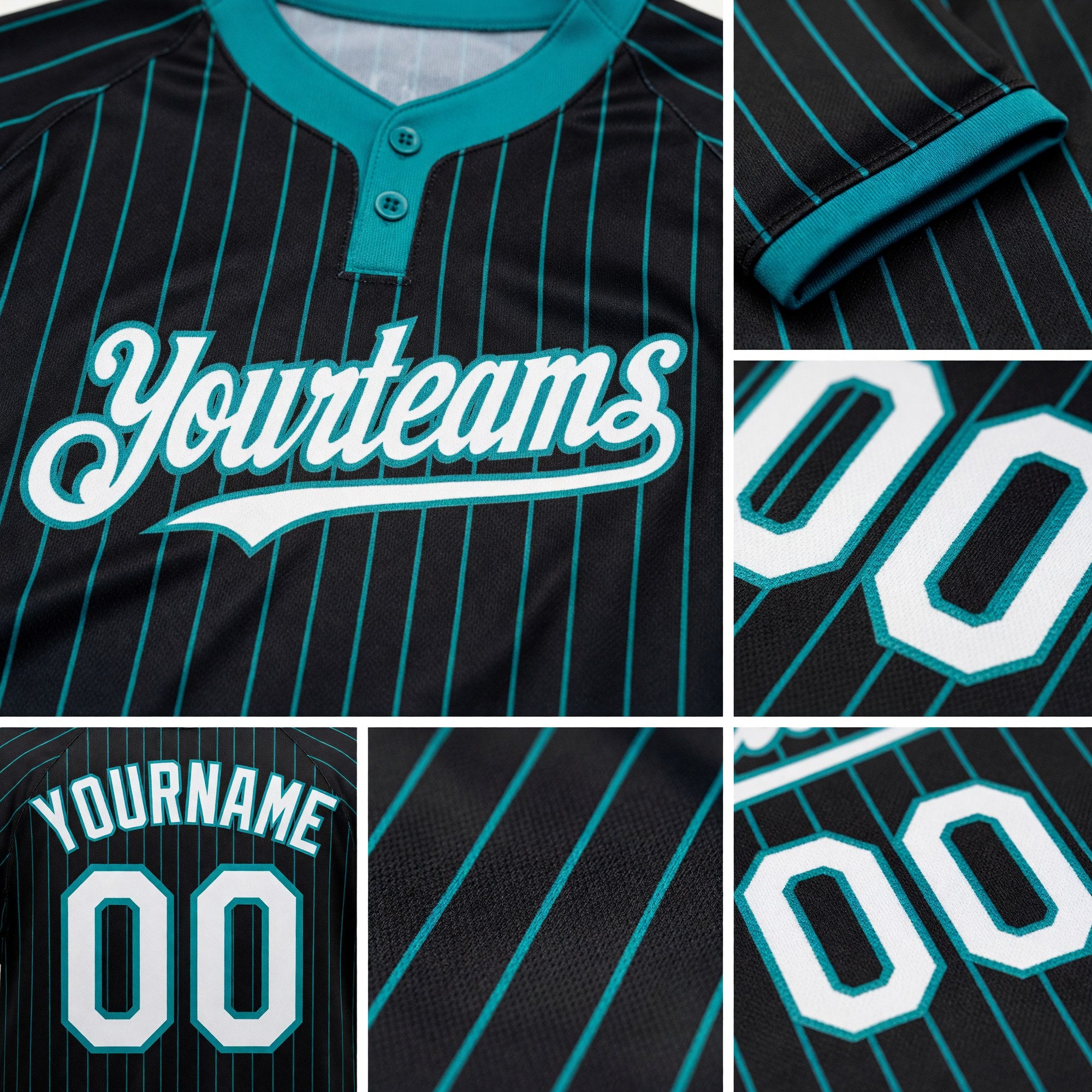 Custom Black Teal Pinstripe White Two-Button Unisex Softball Jersey detail