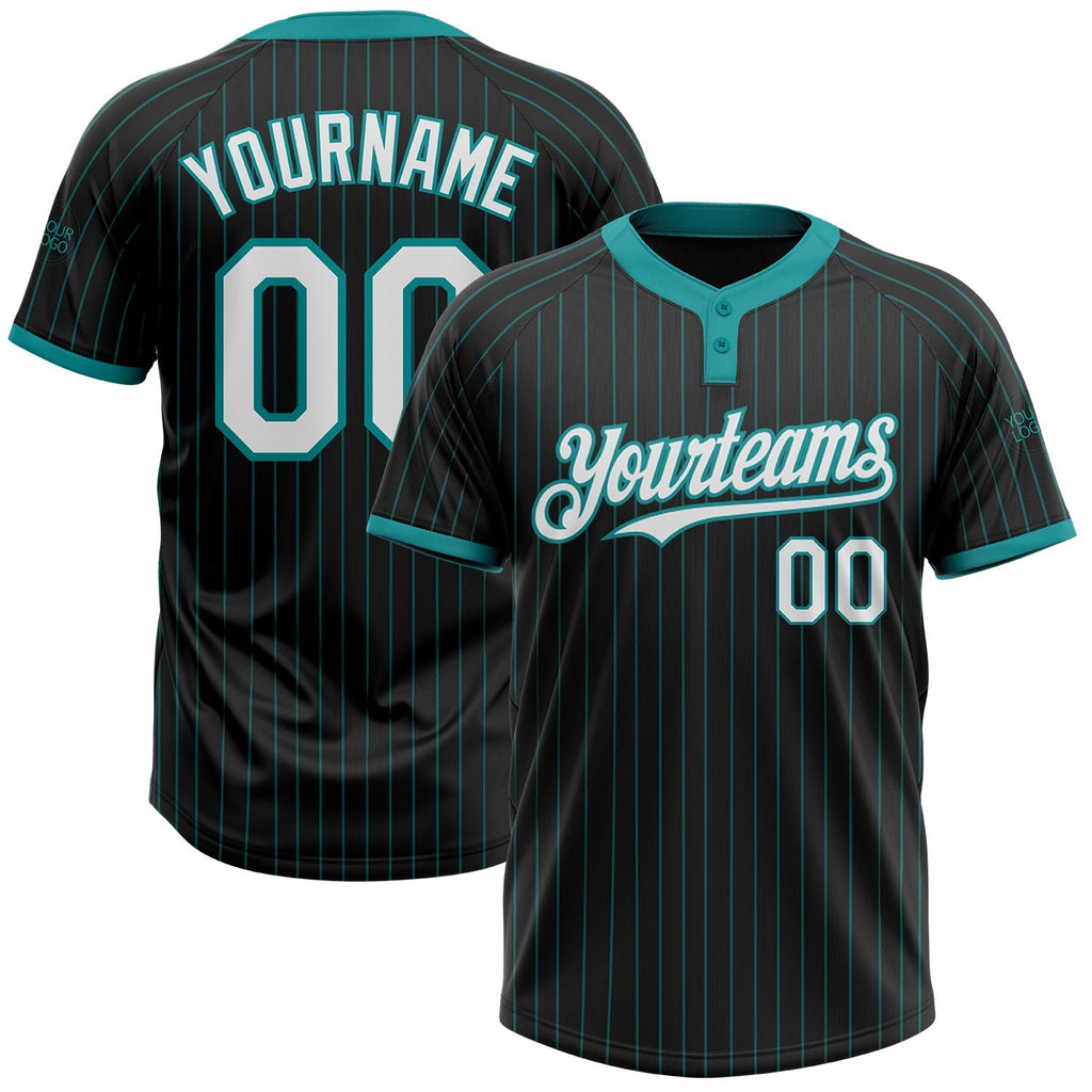 Custom Black Teal Pinstripe White Two-Button Unisex Softball Jersey photo 1