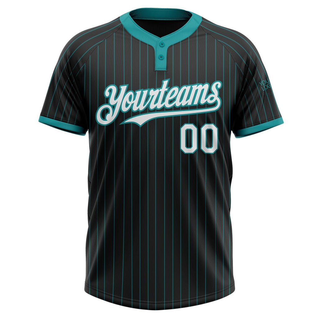 Custom Black Teal Pinstripe White Two-Button Unisex Softball Jersey photo 2