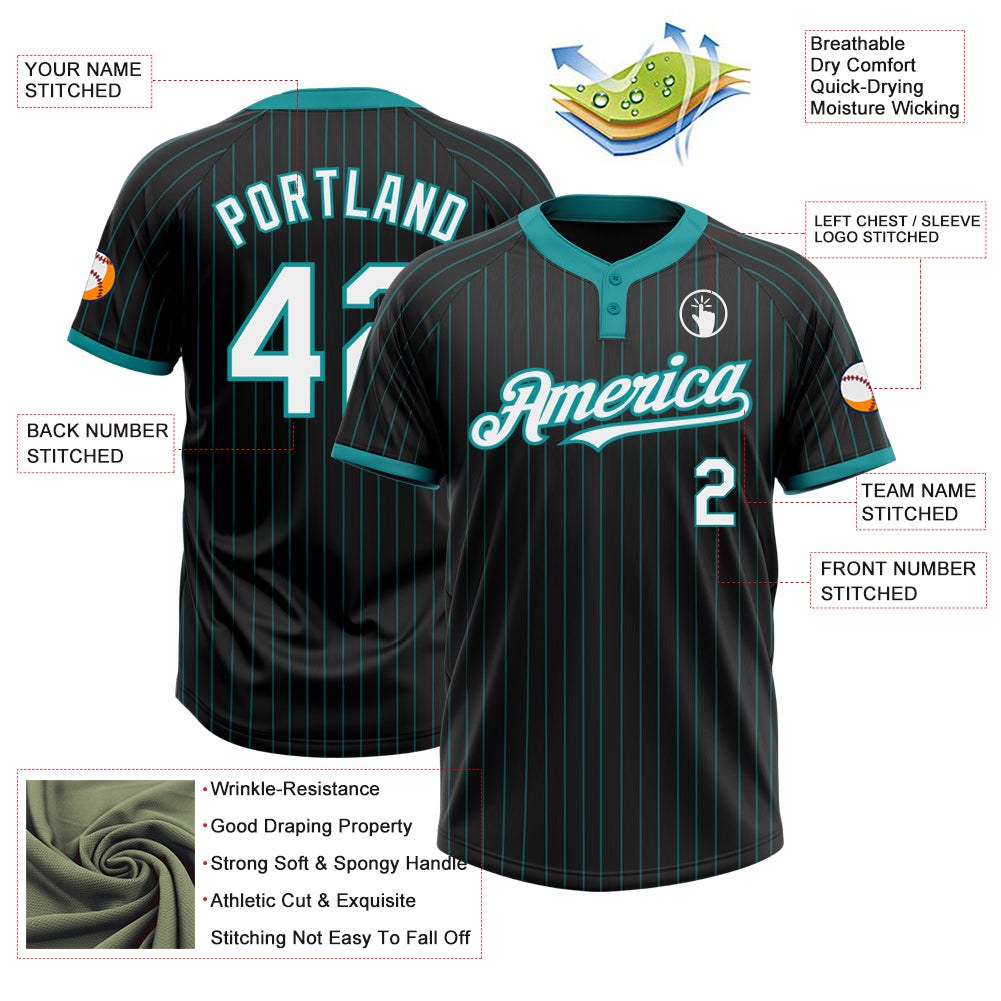 Custom Black Teal Pinstripe White Two-Button Unisex Softball Jersey photo 3