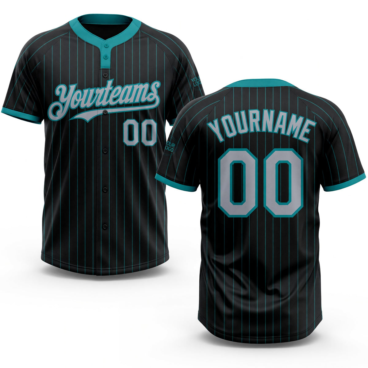Custom Black Teal Pinstripe Gray Two-Button Unisex Softball Jersey
