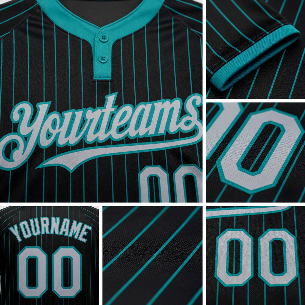 Custom Black Teal Pinstripe Gray Two-Button Unisex Softball Jersey detail