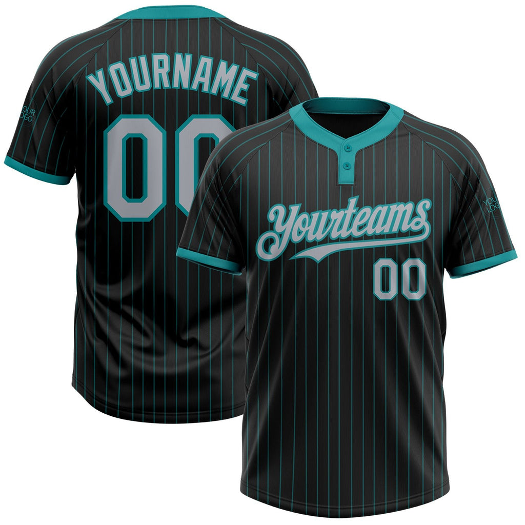 Custom Black Teal Pinstripe Gray Two-Button Unisex Softball Jersey photo 1