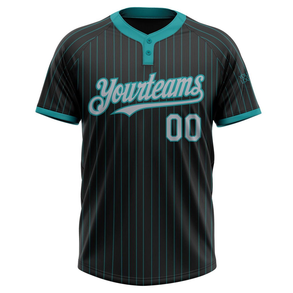 Custom Black Teal Pinstripe Gray Two-Button Unisex Softball Jersey photo 2