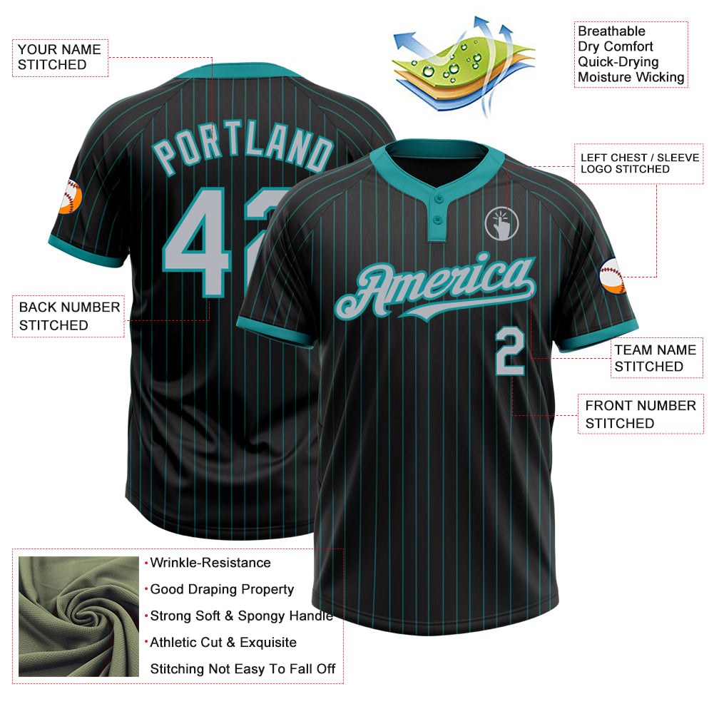 Custom Black Teal Pinstripe Gray Two-Button Unisex Softball Jersey photo 3