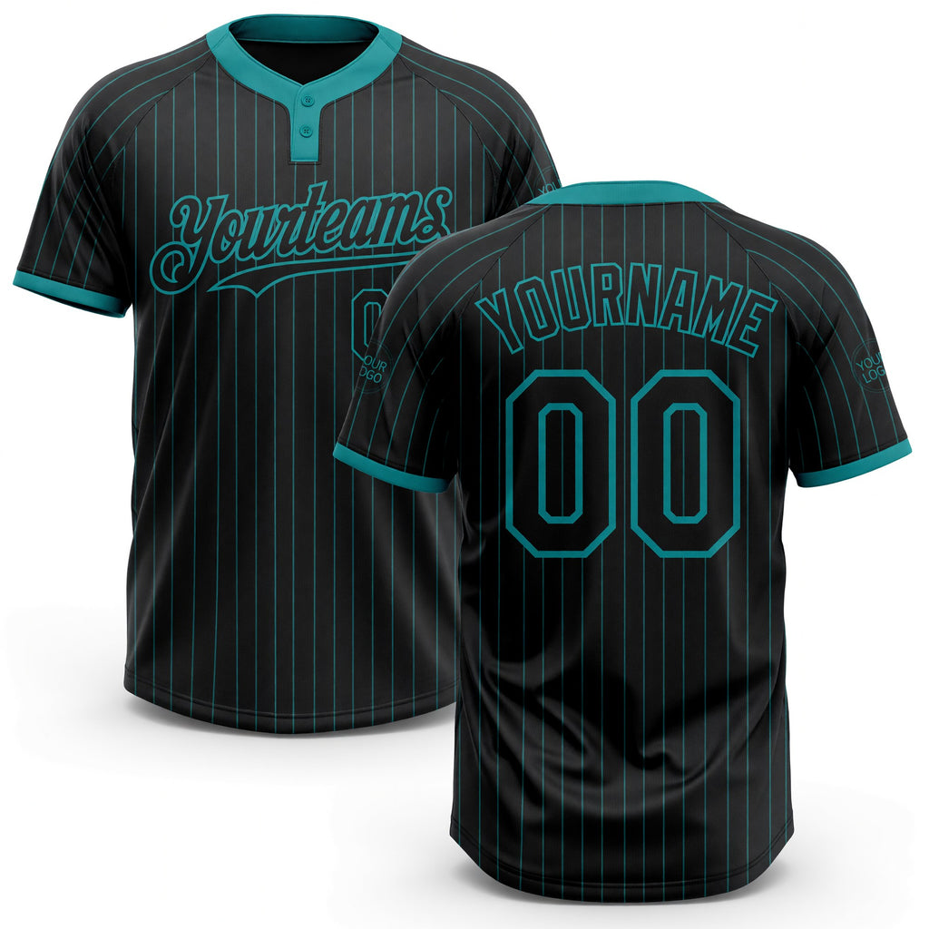 Custom Black Teal Pinstripe Teal Two-Button Unisex Softball Jersey