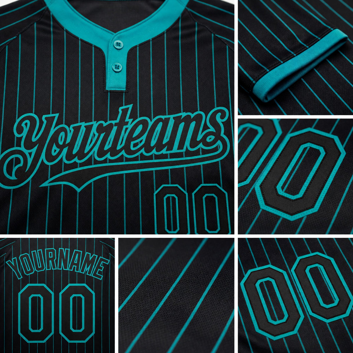 Custom Black Teal Pinstripe Teal Two-Button Unisex Softball Jersey detail