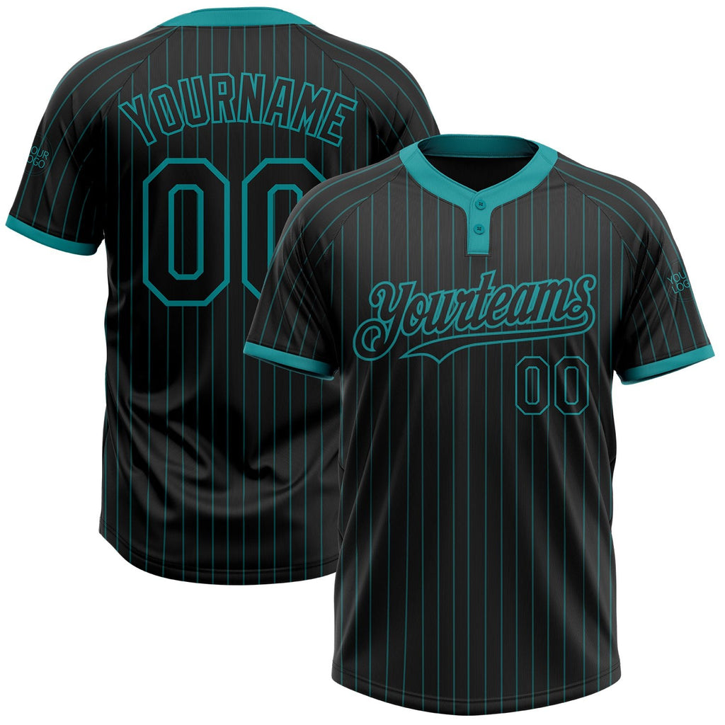 Custom Black Teal Pinstripe Teal Two-Button Unisex Softball Jersey photo 1