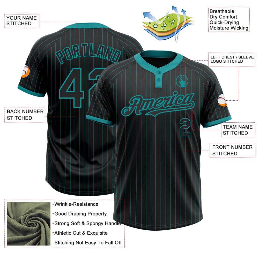 Custom Black Teal Pinstripe Teal Two-Button Unisex Softball Jersey photo 3