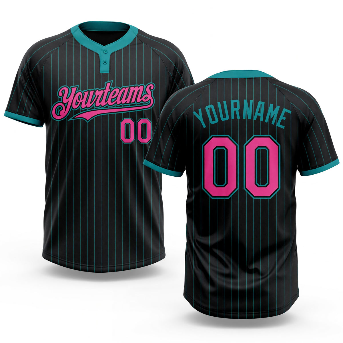 Custom Black Teal Pinstripe Pink Two-Button Unisex Softball Jersey