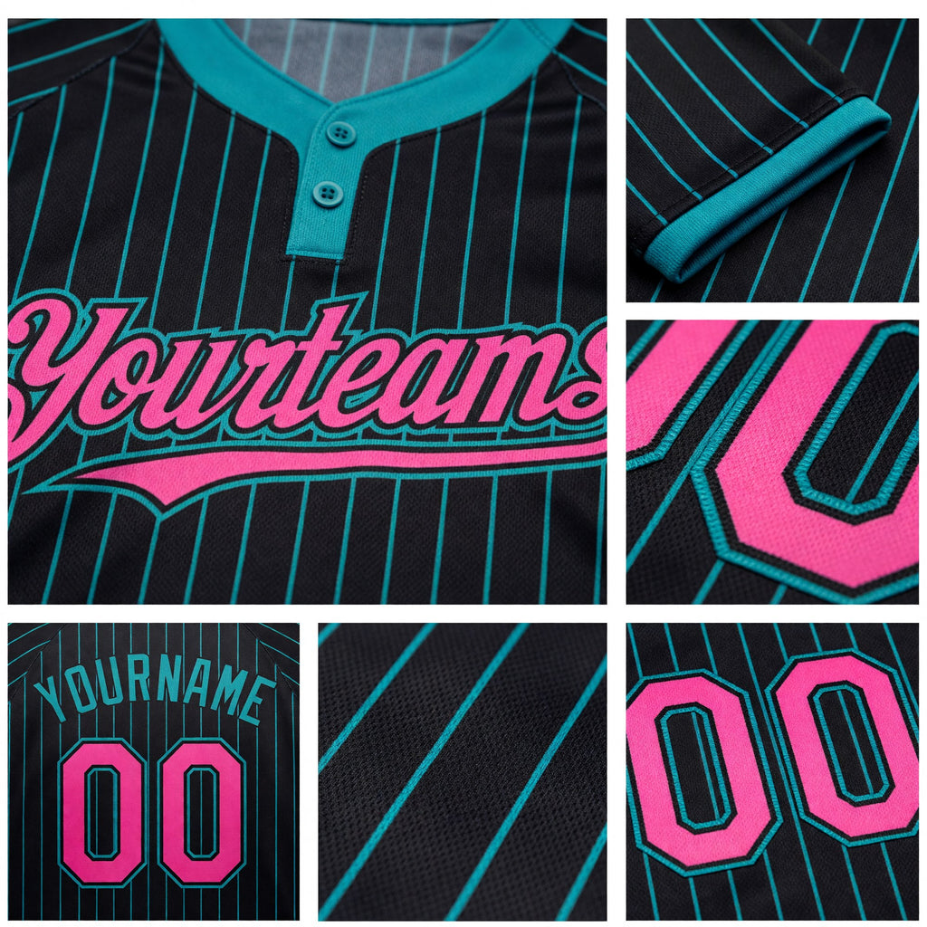 Custom Black Teal Pinstripe Pink Two-Button Unisex Softball Jersey detail