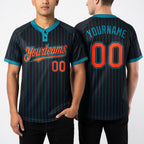 Custom Black Teal Pinstripe Orange Two-Button Unisex Softball Jersey worn front and back