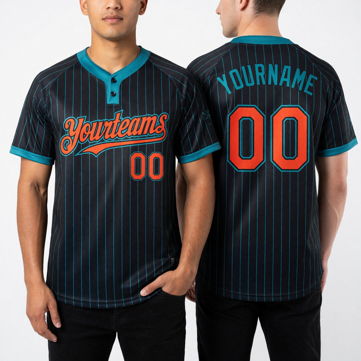 Custom Black Teal Pinstripe Orange Two-Button Unisex Softball Jersey worn front and back