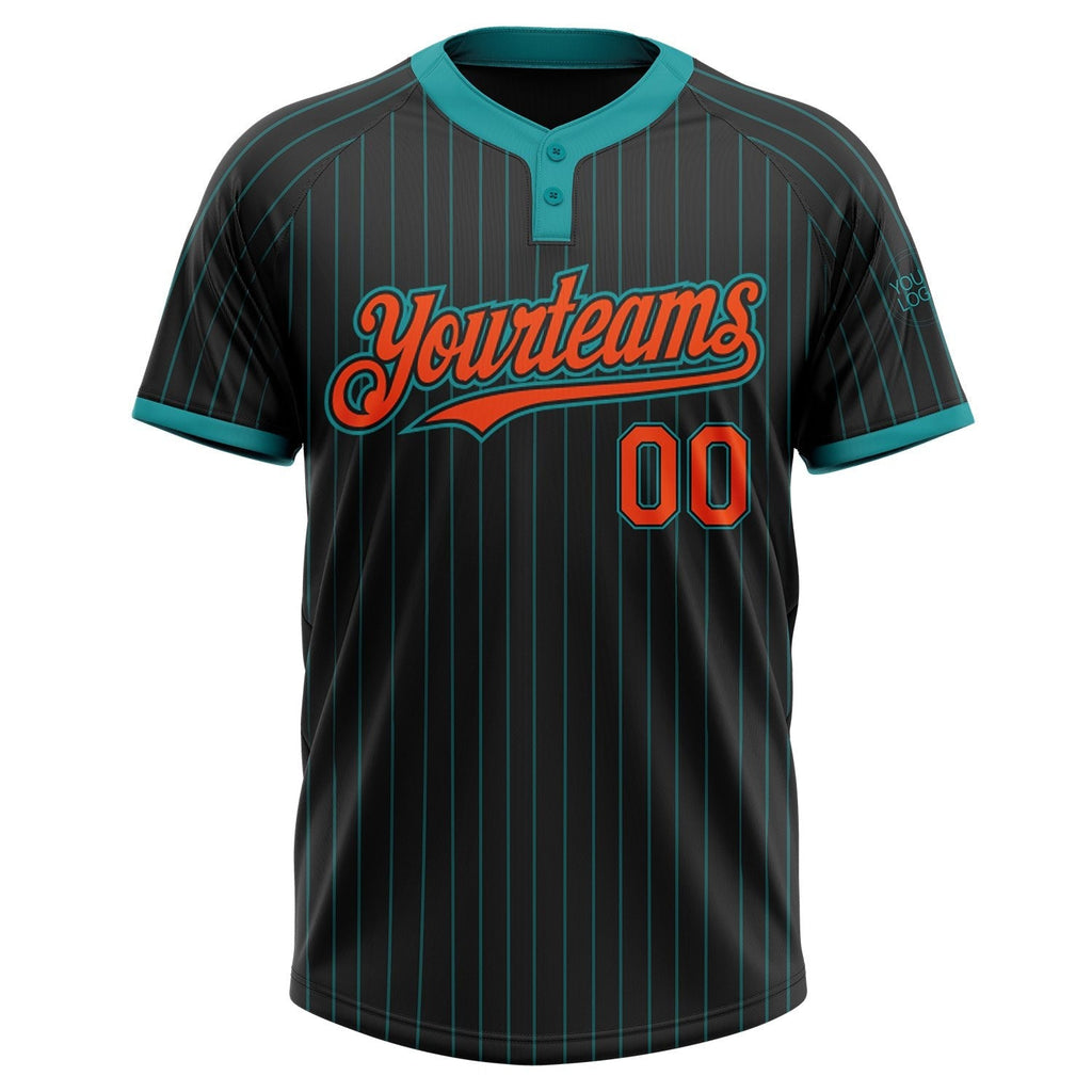Custom Black Teal Pinstripe Orange Two-Button Unisex Softball Jersey photo 2