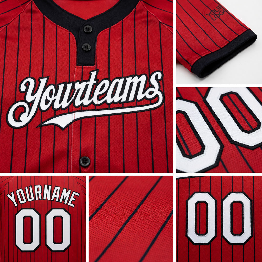 Custom Red Black Pinstripe White Two-Button Unisex Softball Jersey detail