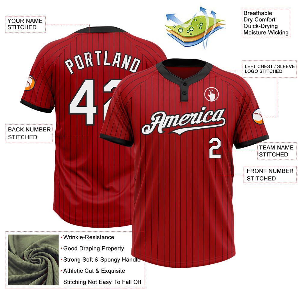 Custom Red Black Pinstripe White Two-Button Unisex Softball Jersey photo 3