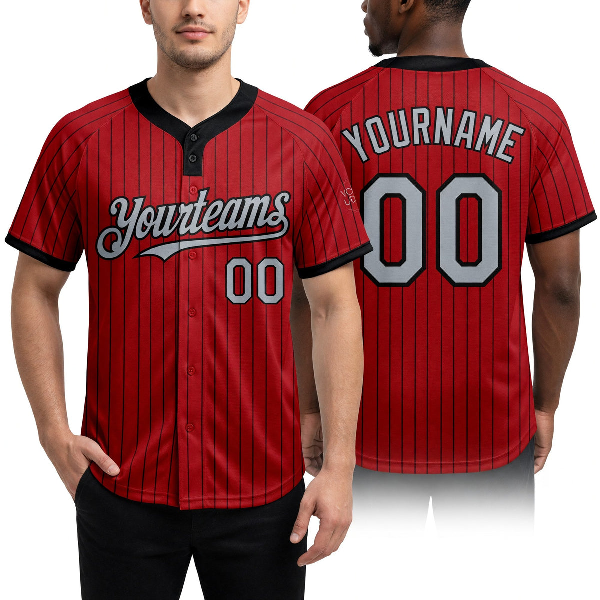Custom Red Black Pinstripe Gray Two-Button Unisex Softball Jersey worn front and back