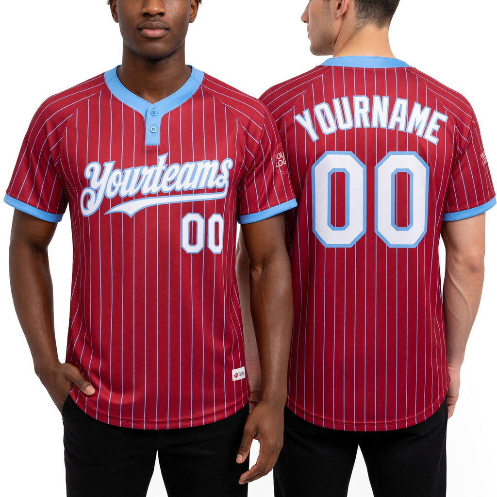 Custom Red Light Blue Pinstripe White Two-Button Unisex Softball Jersey worn front and back
